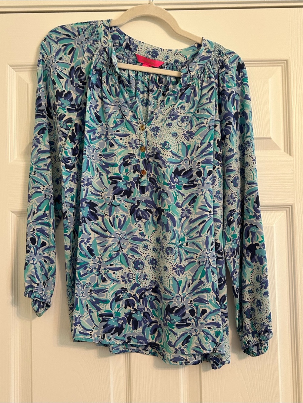 Lilly Pulitzer Elsa Silk Blouse, "Iris Blue High Maintenance", size L, EUC